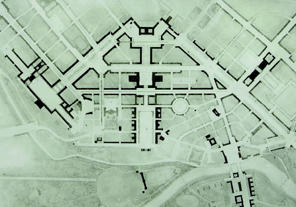 Abb. 5: Stadtplanungsamt Kassel, Emil Pohle, o. T., Variante zu »Stadtkern Neuer Gattung«, o. J. A. (Okt. 1944)<br/>© Folckert Lüken-Isberner, Große Pläne für Kassel 1919–1949, Projekte zu Stadtentwicklung und Städtebau, Marburg 2017, S. 152