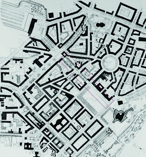 Abb. 8: Stadtplanungsamt Kassel, Wolfgang Bangert, Werner Hasper, Bebauungsplan der Innenstadt, 1.6.1951 – Treppenstraße mit Blick-Pfeil auf das Theater von Scharoun (rote Markierung Red. HH.)<br/>© Lüken-Isberner, Große Pläne, S. 232
